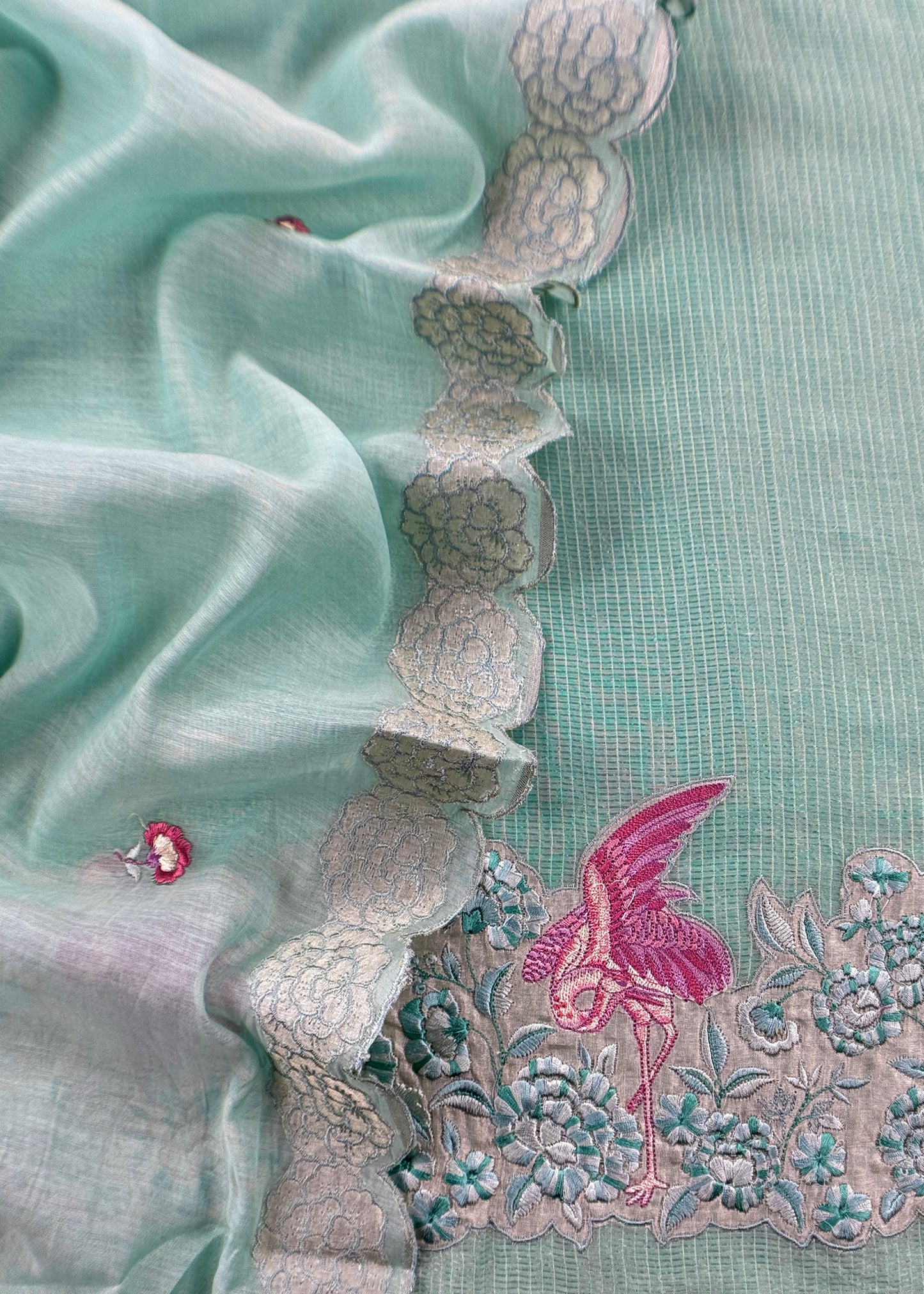Sea Green Flamingo Mulmul Tissue Unstitched Suit Fabric With Appliqué Work