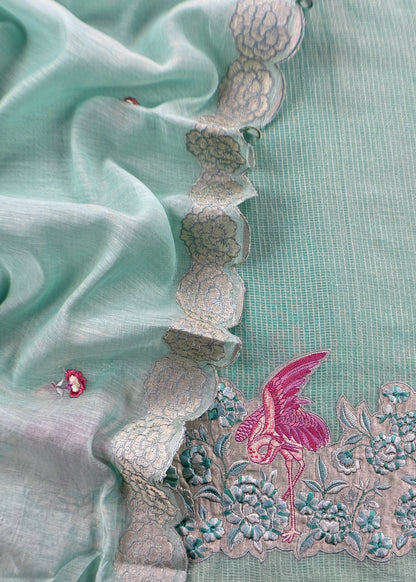 Sea Green Flamingo Mulmul Tissue Unstitched Suit Fabric With Appliqué Work