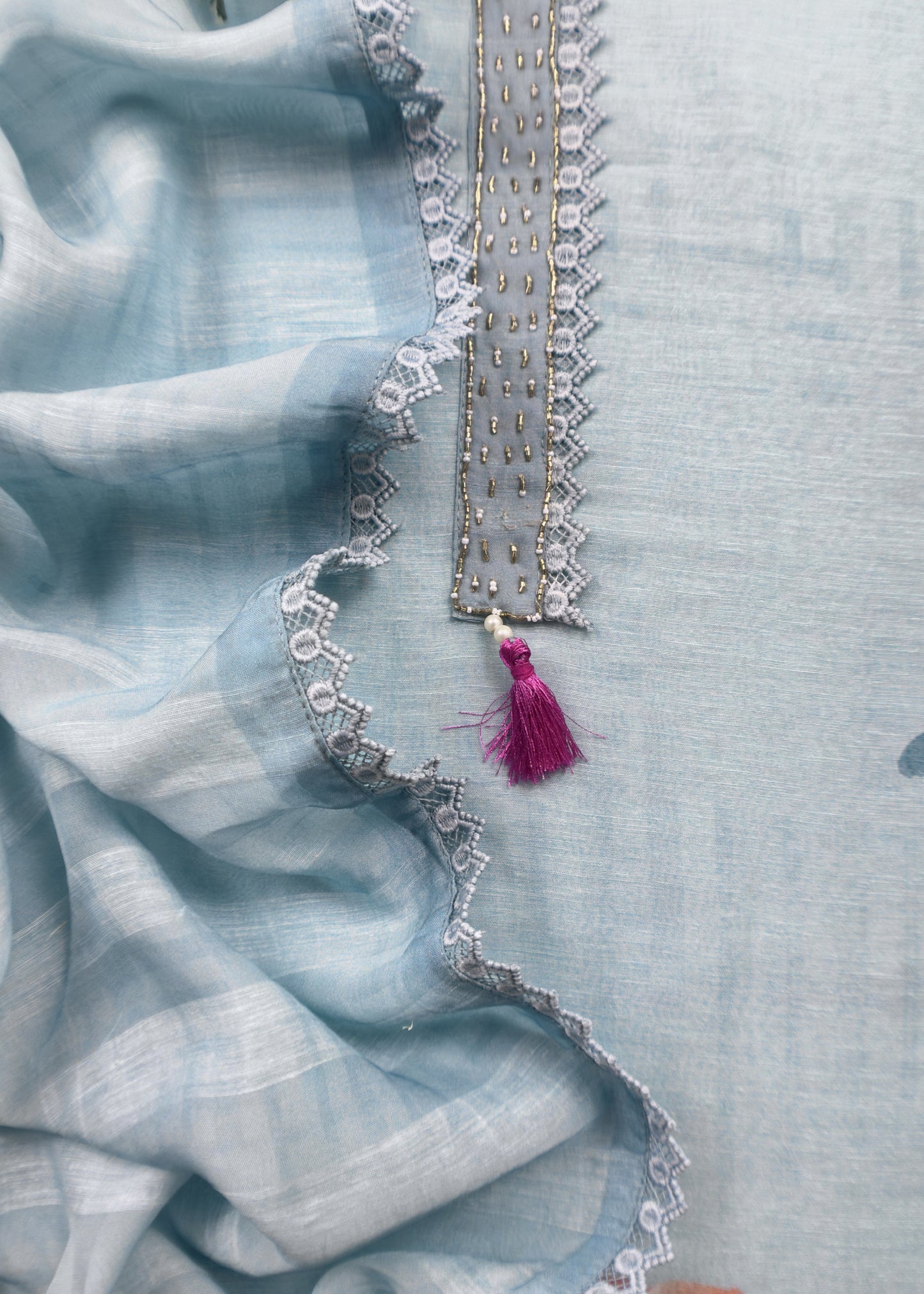 Blue Pure Cotton Suit With Thread Embroidered Flowers