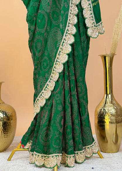 Bottle Green Pure Gajji Silk Saree With Rai Bandhani With Premium Dabka Handwork