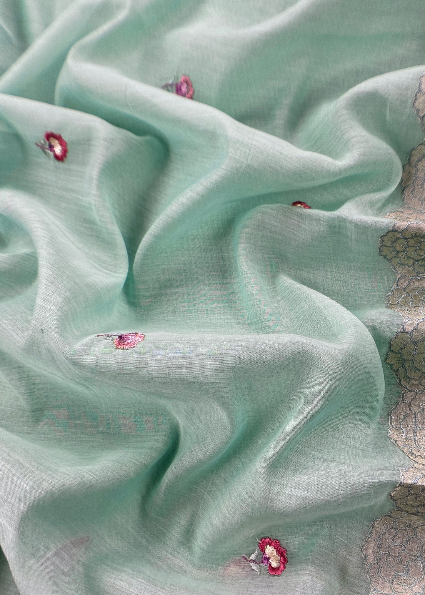 Sea Green Flamingo Mulmul Tissue Unstitched Suit Fabric With Appliqué Work
