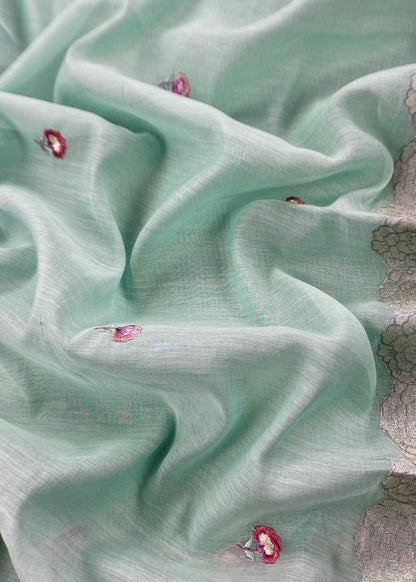 Sea Green Flamingo Mulmul Tissue Unstitched Suit Fabric With Appliqué Work