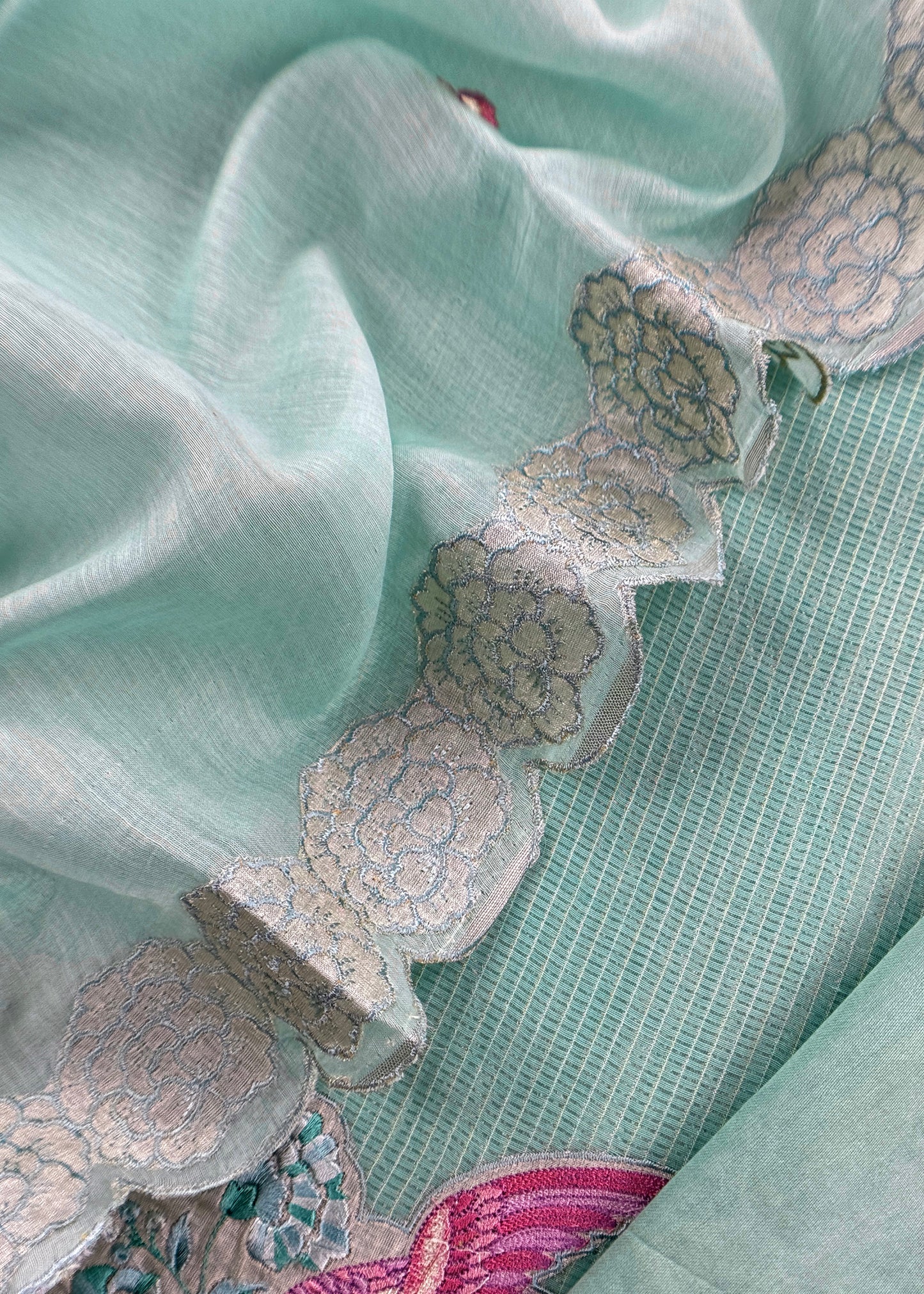 Sea Green Flamingo Mulmul Tissue Unstitched Suit Fabric With Appliqué Work