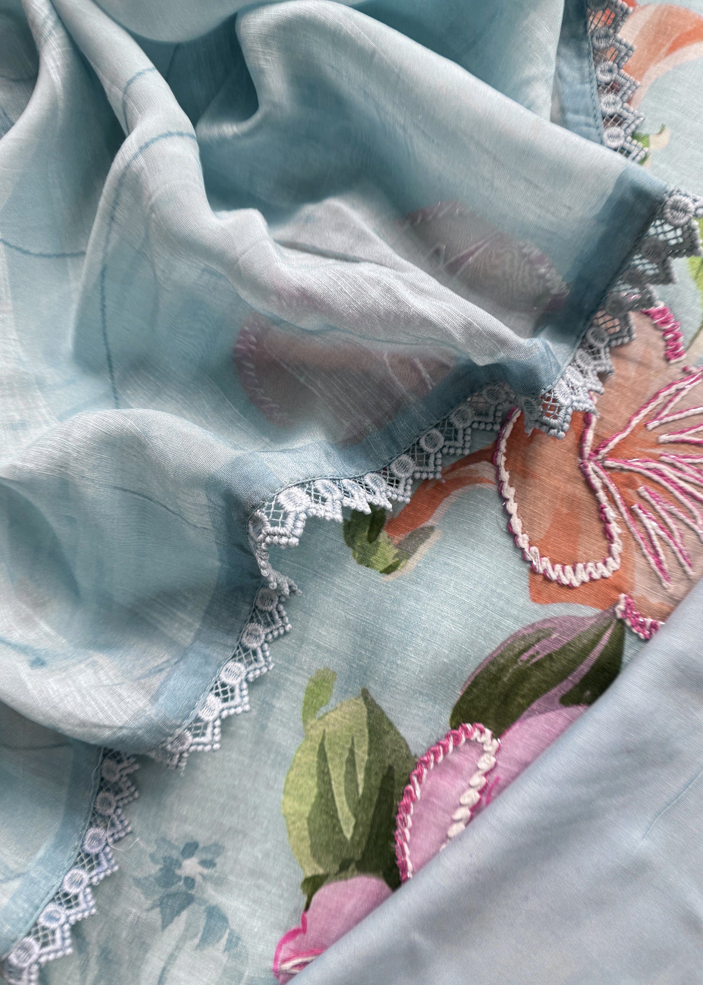 Blue Pure Cotton Suit With Thread Embroidered Flowers