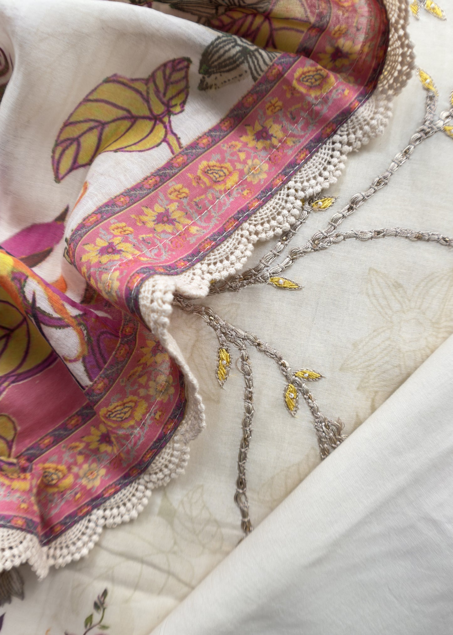 Pink Floral Digital Print Pure Mul Summers Suit With Chidiya Embroidery