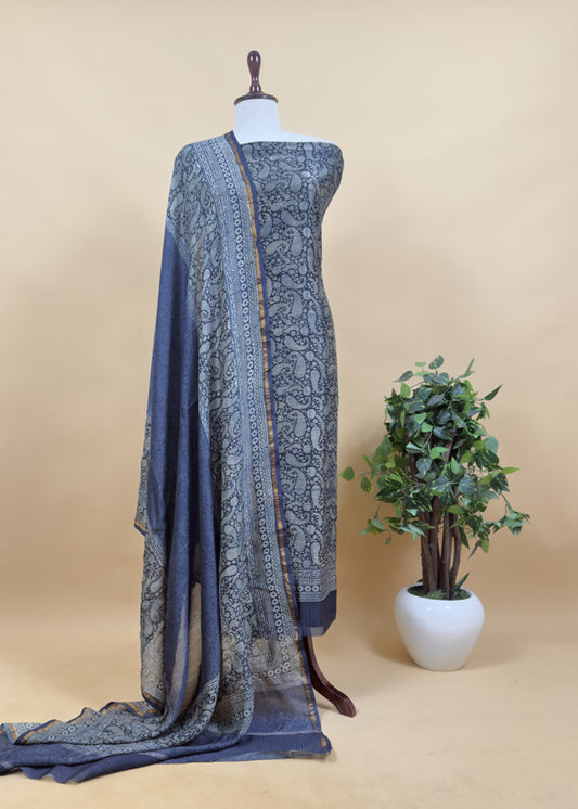 Indigo Paisley Block Print Pure Maheshwari Silk Unstitched Suit Fabric