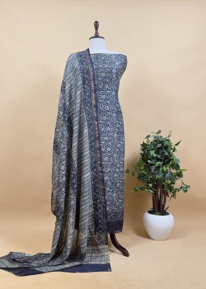 Indigo Paisley Block Print Pure Maheshwari Silk Unstitched Suit Fabric