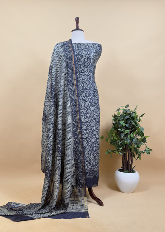 Indigo Paisley Block Print Pure Maheshwari Silk Unstitched Suit Fabric