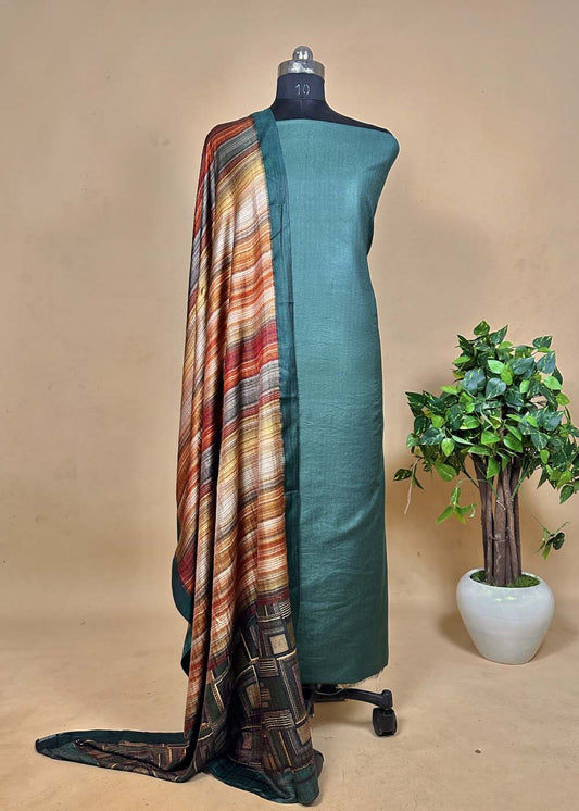 Blue and Green Pashmina Suit With Digital Print Dupatta