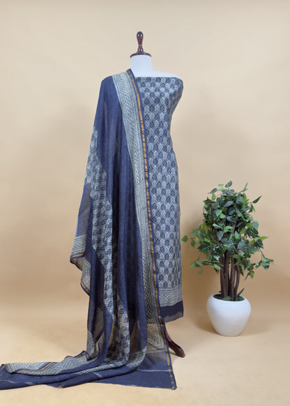 Indigo Paisley Block Print Pure Maheshwari Silk Unstitched Suit Fabric