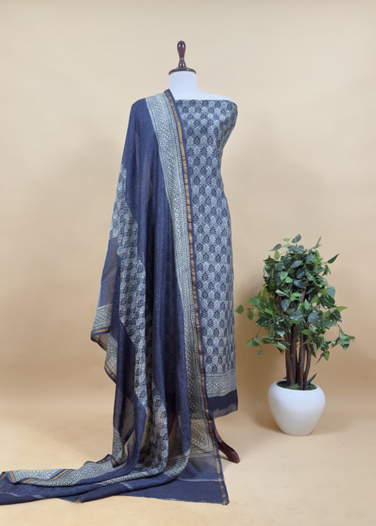 Indigo Paisley Block Print Pure Maheshwari Silk Unstitched Suit Fabric