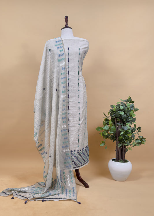 Beige With Firozi, Blue Kutch Embroidered Cotton Linen Unstitched Suit