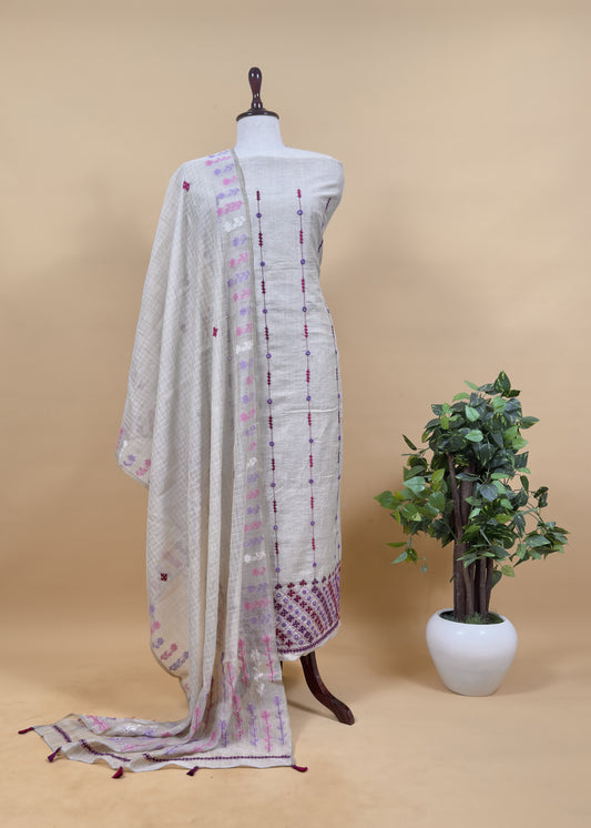 Beige With Pink, Purple Kutch Embroidered Cotton Linen Unstitched Suit