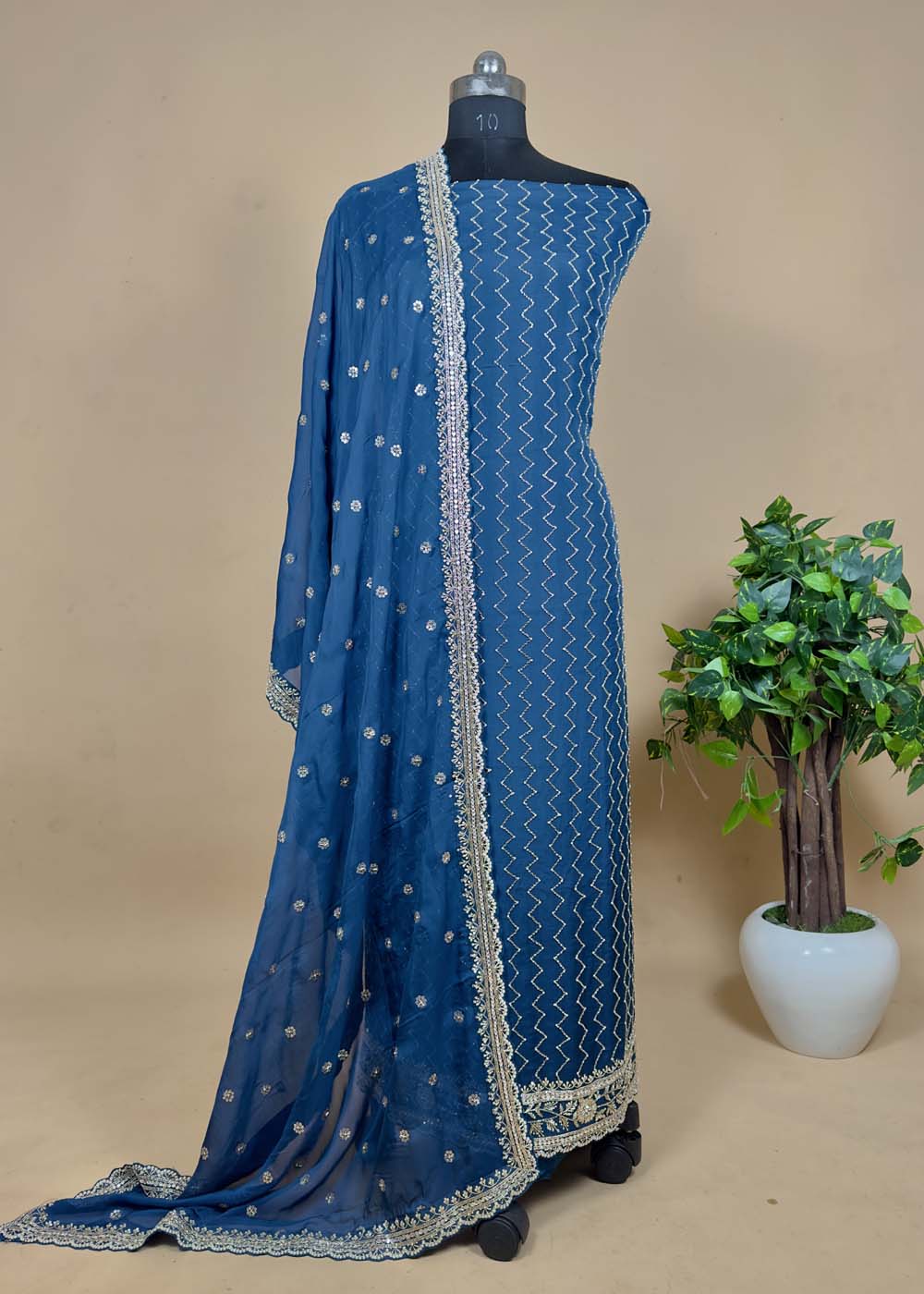 Blue Organza Silk Suit