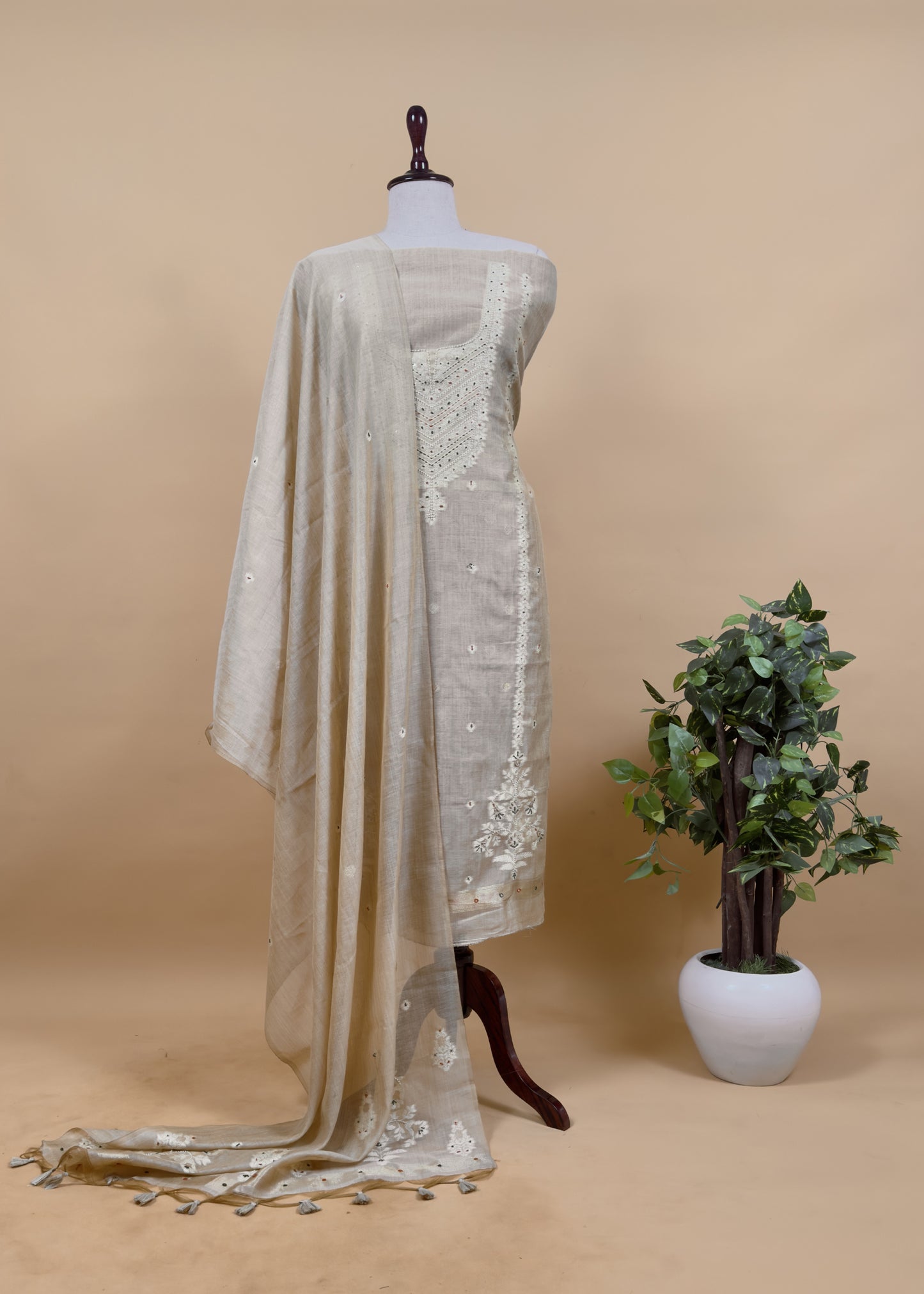 Beige And Orange Cotton Linen Unstitched Suit With Jamdani Weaving