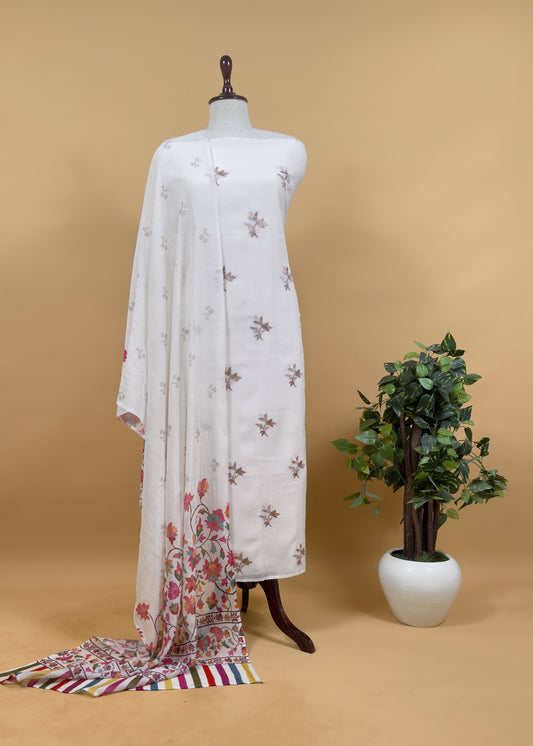 White Pure Mul Chanderi Suit And Kani Dupatta With Resham Embroidery
