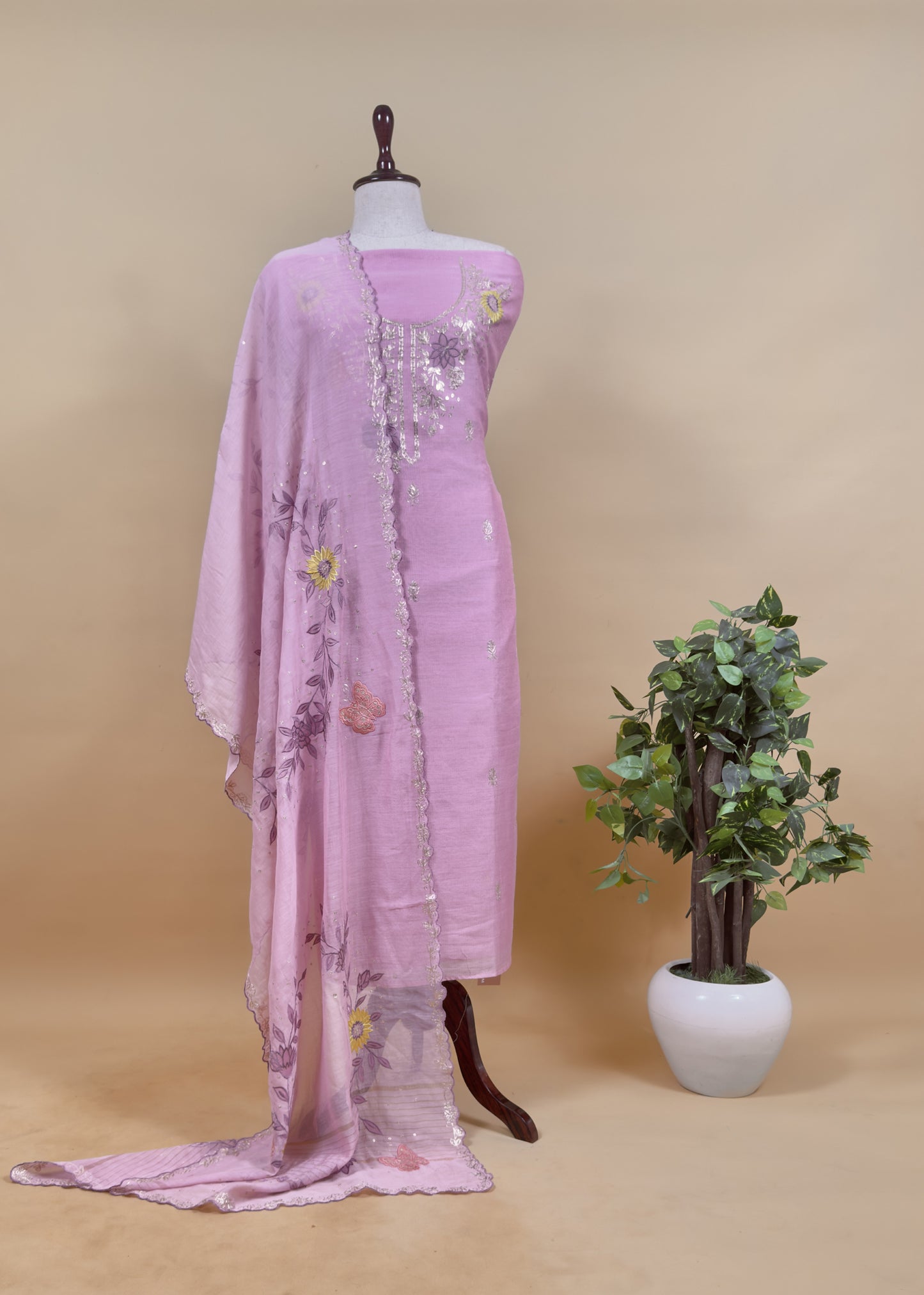 Pink Summer Special Mul Chanderi Suit With Pitta and Appliqué Work