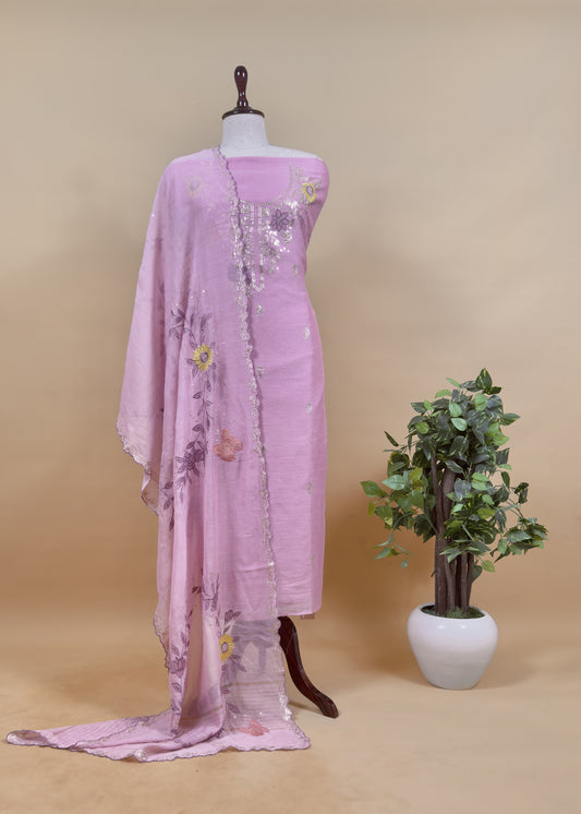 Pink Summer Special Mul Chanderi Suit With Pitta and Appliqué Work