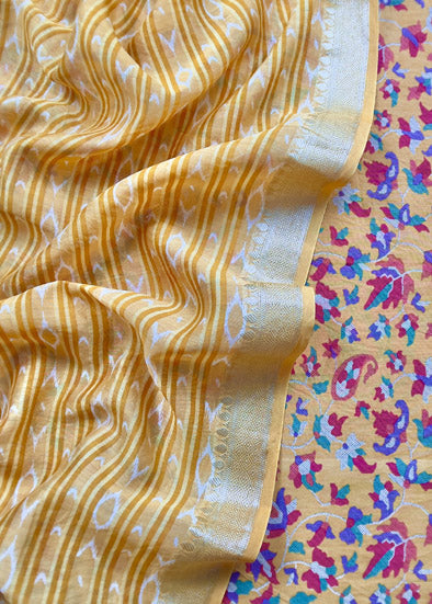 Yellow Zari-Weaved Kani Unstitched Suit In Maheshwari Silk.