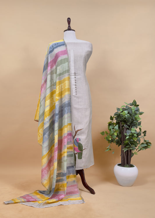 Beige Mul Chanderi Unstitched Suit With Multicolor Dupatta