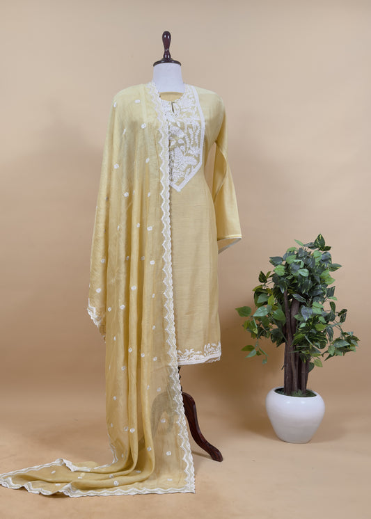 Corn Yellow Pure Mul Chanderi Suit Fabric With French Thread Embroidery