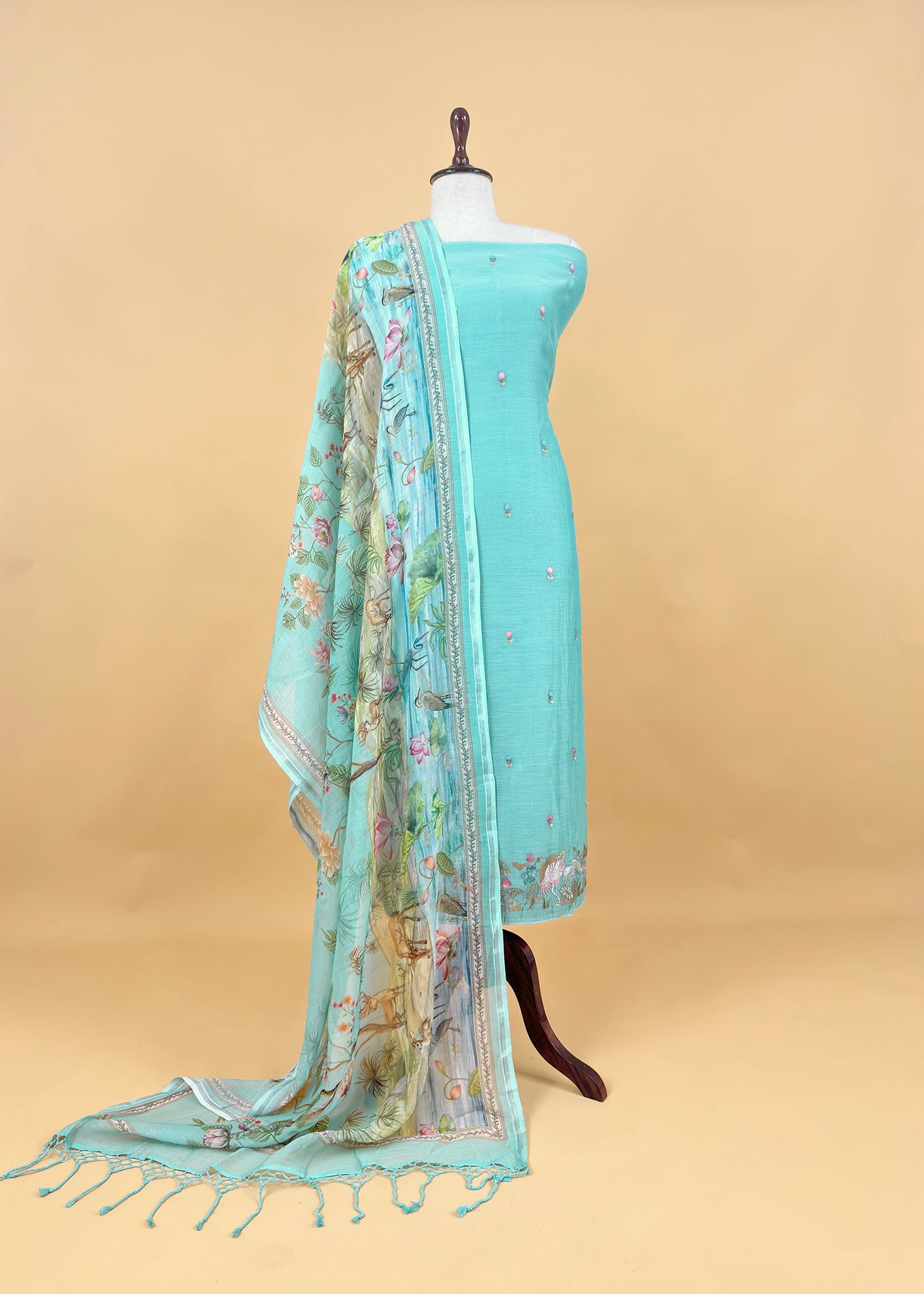 Turquoise Blue Mulmul Suit With Digital Print Dupatta