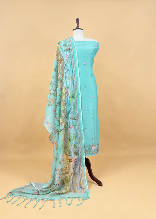 Turquoise Blue Mulmul Suit With Digital Print Dupatta