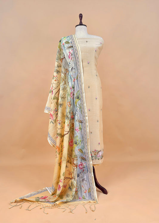 Pastel Yellow Mulmul Suit With Digital Print Dupatta