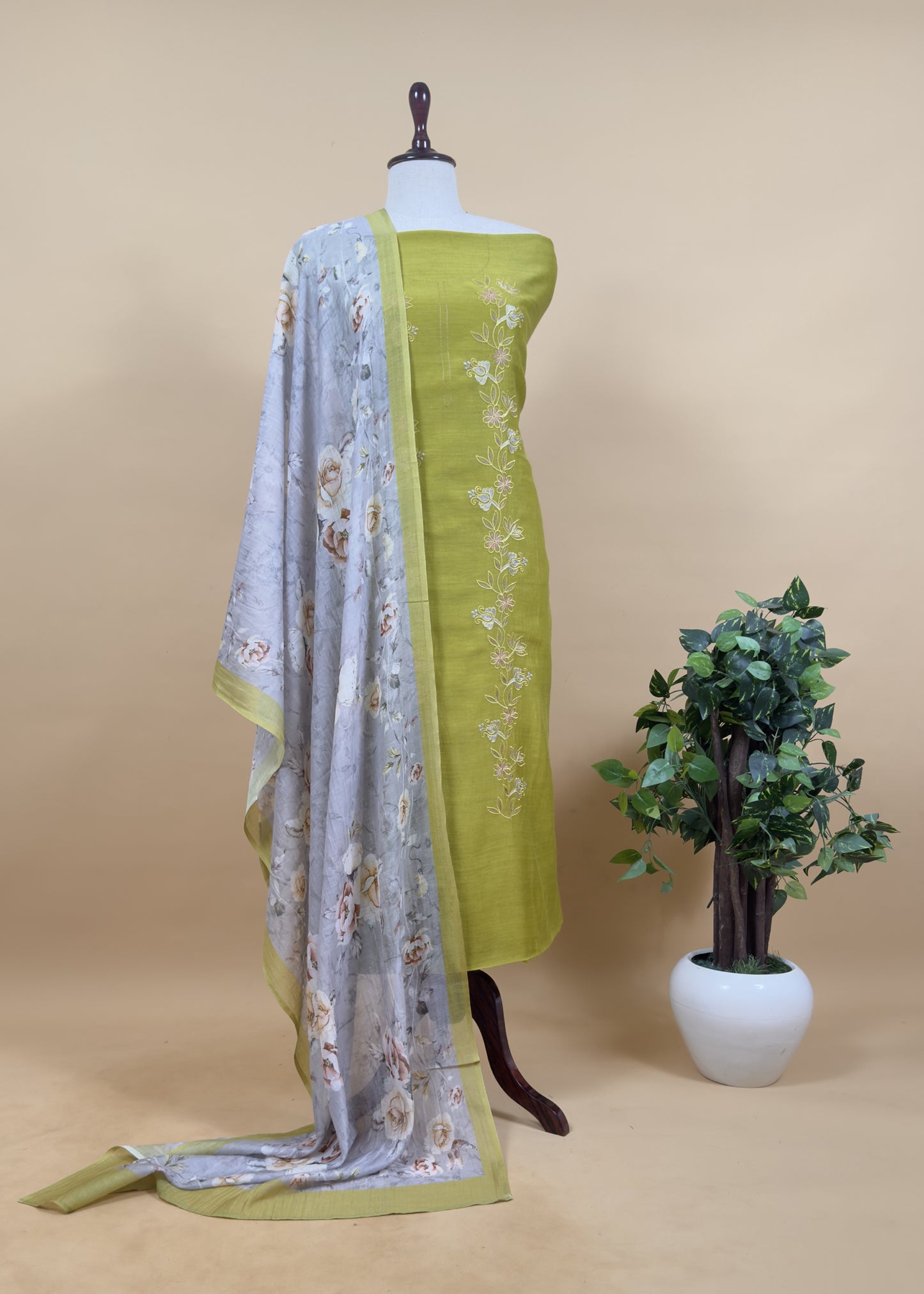 Apple Green Pure Mul Chanderi Suit And Floral Dupatta With Resham Embroidery