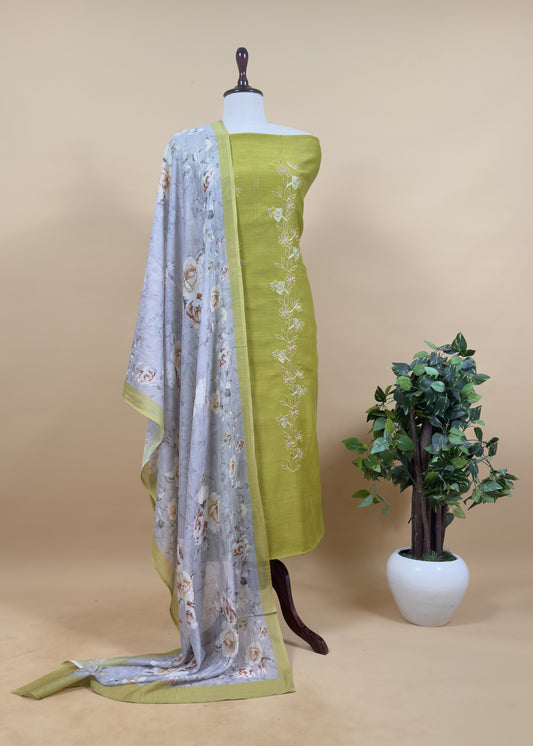 Apple Green Pure Mul Chanderi Suit And Floral Dupatta With Resham Embroidery