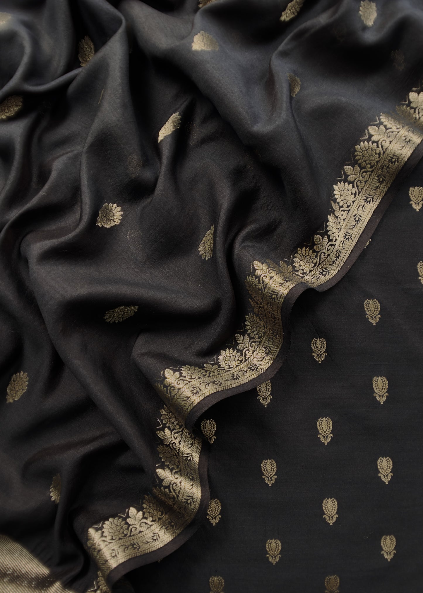 Black Handloom Munga Silk Suit With Zari Weaving