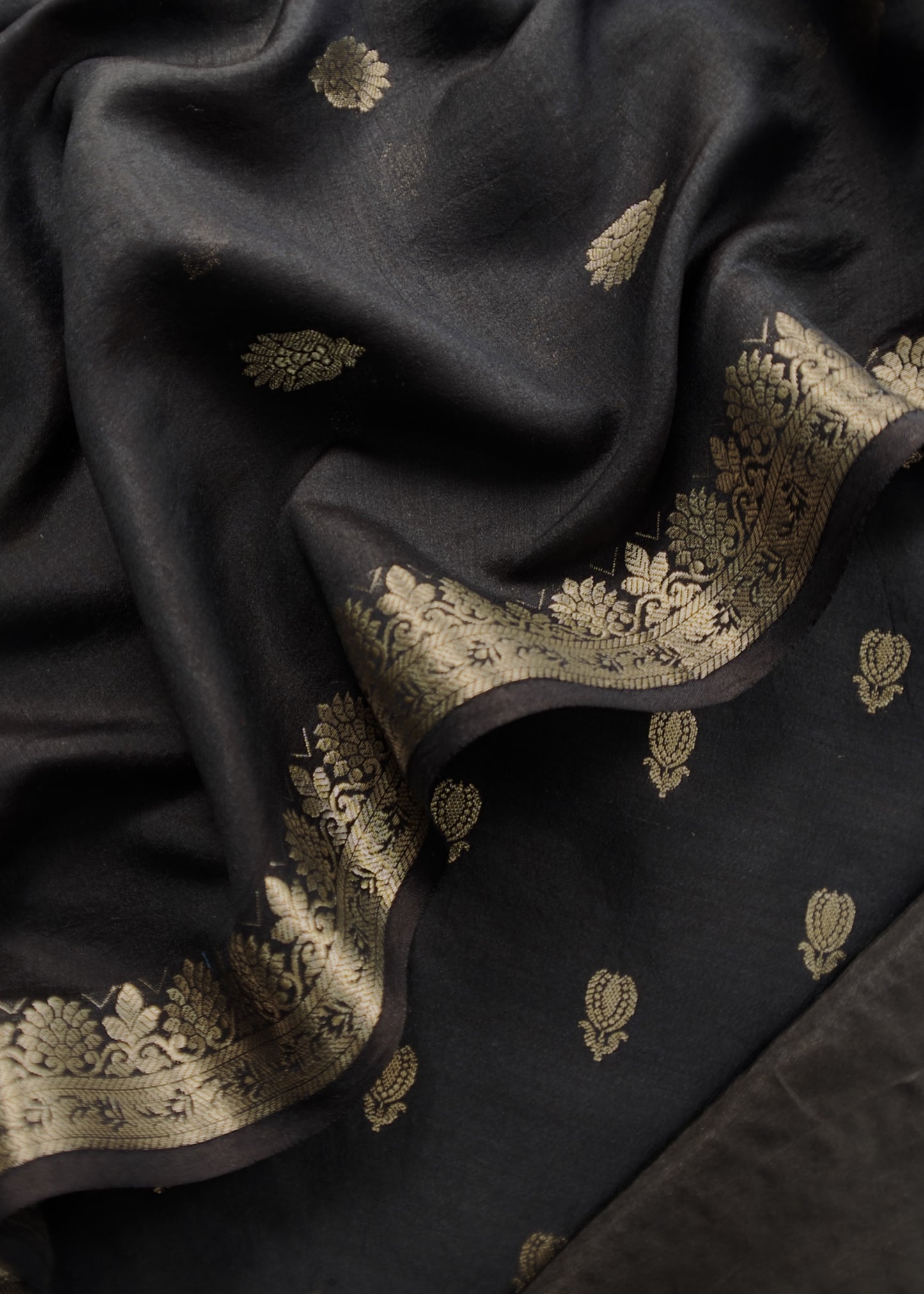 Black Handloom Munga Silk Suit With Zari Weaving