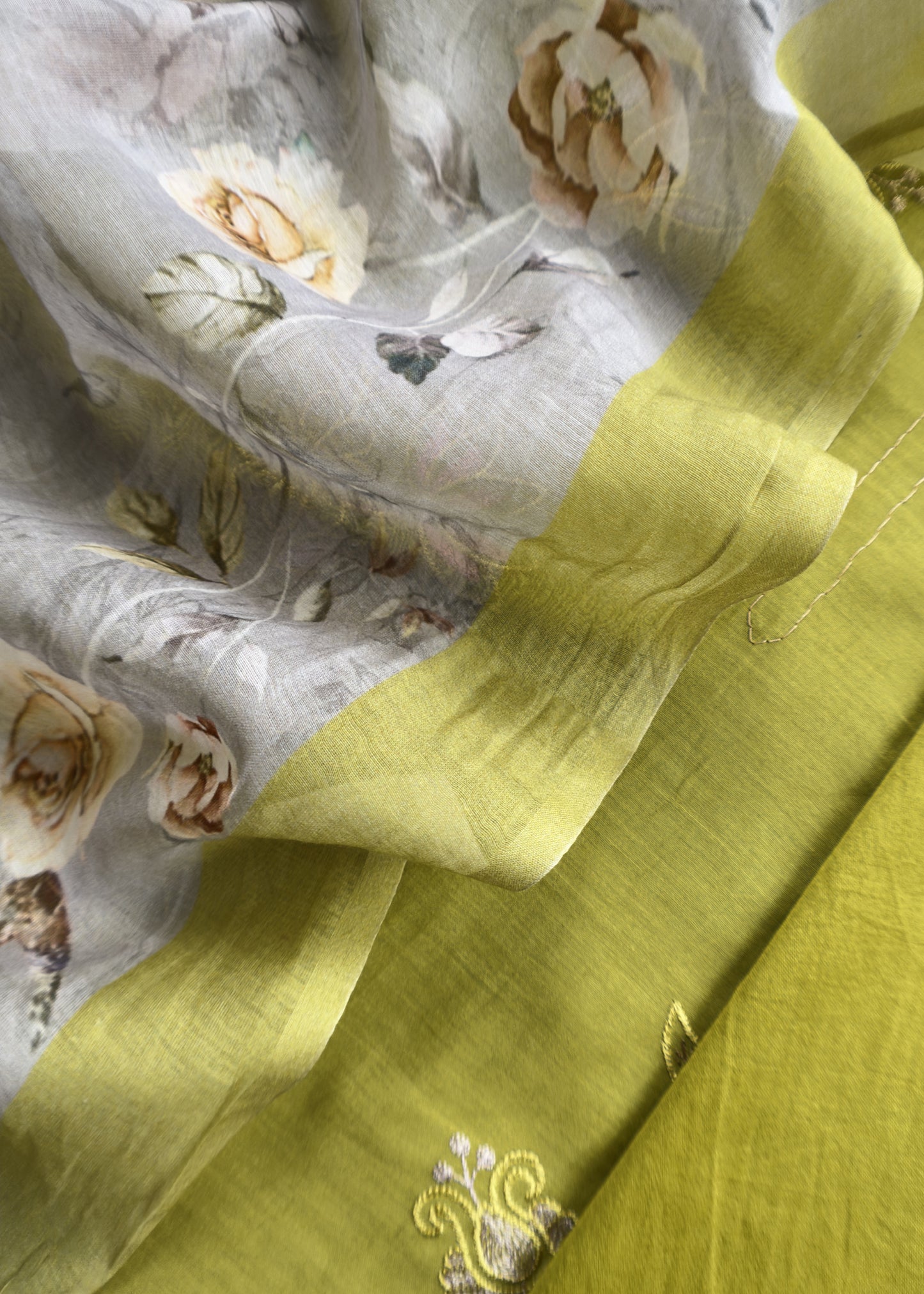 Apple Green Pure Mul Chanderi Suit And Floral Dupatta With Resham Embroidery