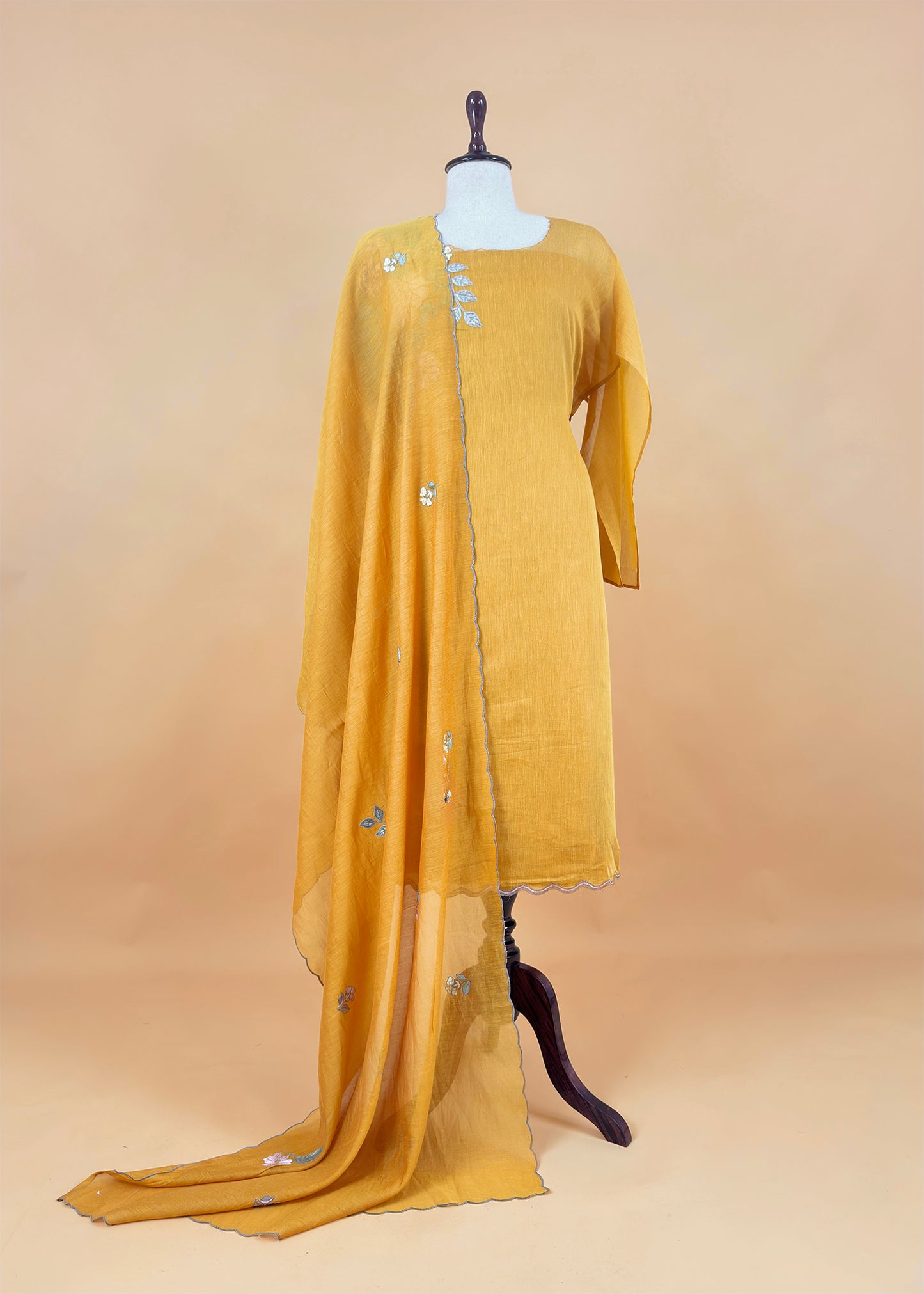 Yellow Pure Mulmul Suit Fabric With Floral Appliqué Work