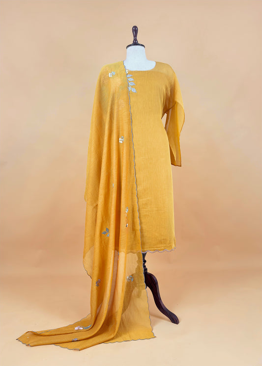 Yellow Pure Mulmul Suit Fabric With Floral Appliqué Work