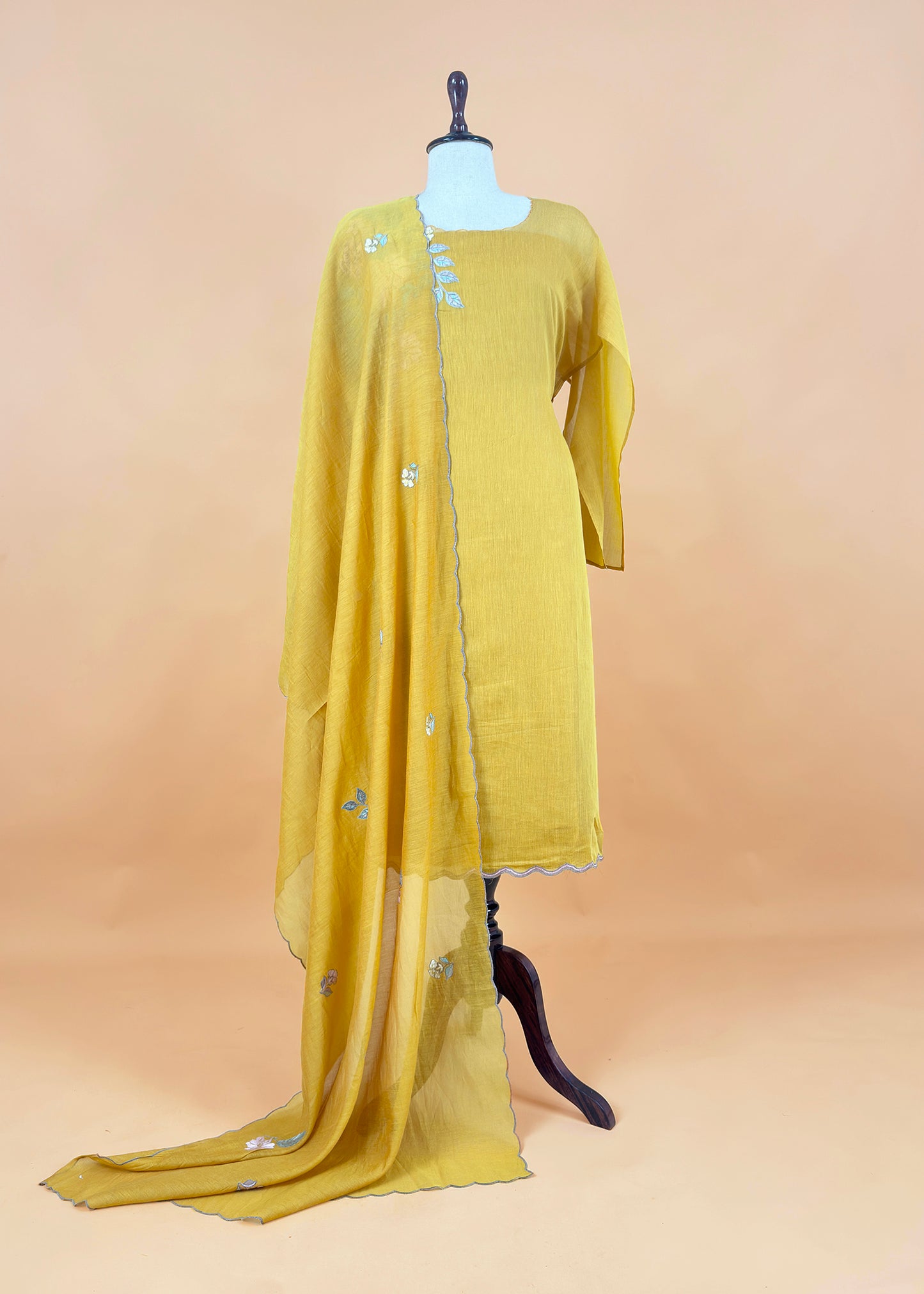 Yellow Pure Mulmul Suit Fabric With Floral Appliqué Work