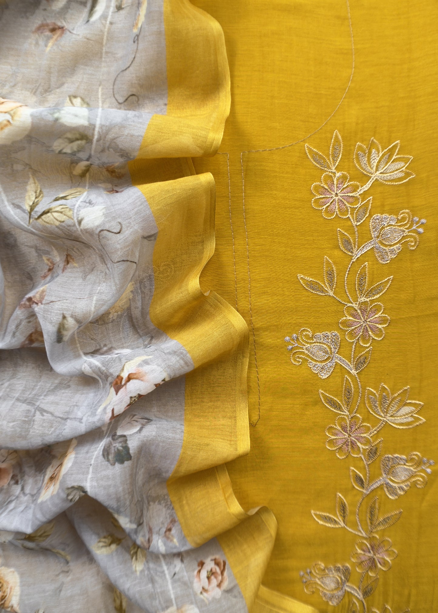 Mango Yellow Pure Mul Chanderi Suit And Floral Dupatta With Resham Embroidery