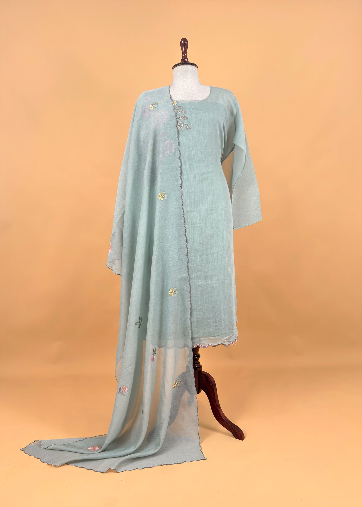 Soft Blue Pure Mulmul Suit Fabric With Floral Appliqué WorkBlue Pure Mulmul Suit Fabric With Floral Appliqué Work