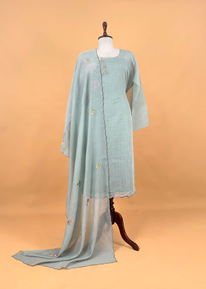 Soft Blue Pure Mulmul Suit Fabric With Floral Appliqué WorkBlue Pure Mulmul Suit Fabric With Floral Appliqué Work