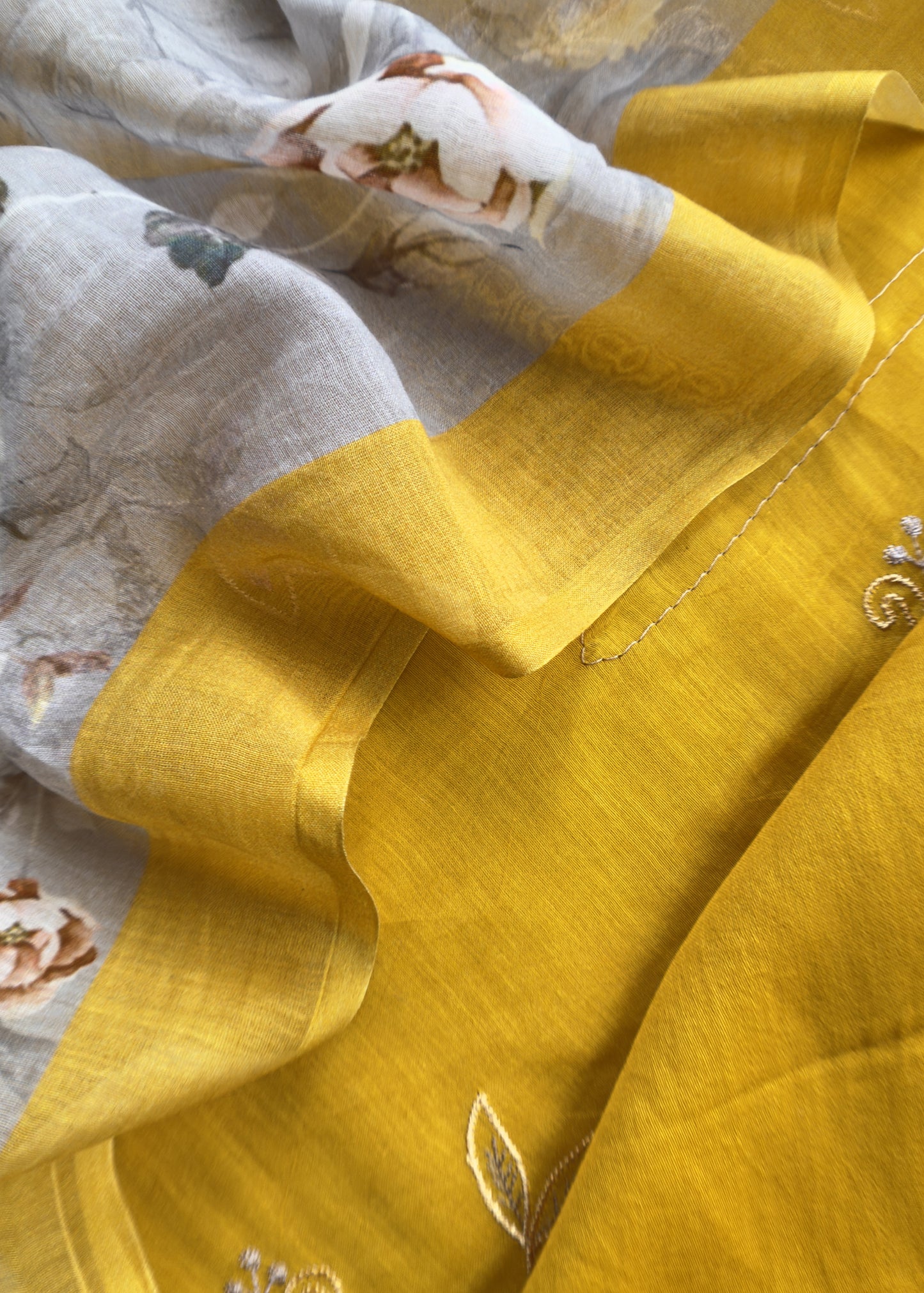 Mango Yellow Pure Mul Chanderi Suit And Floral Dupatta With Resham Embroidery