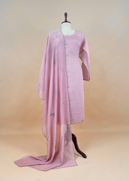 Baby Pink Pure Mulmul Suit Fabric With Floral Appliqué Work