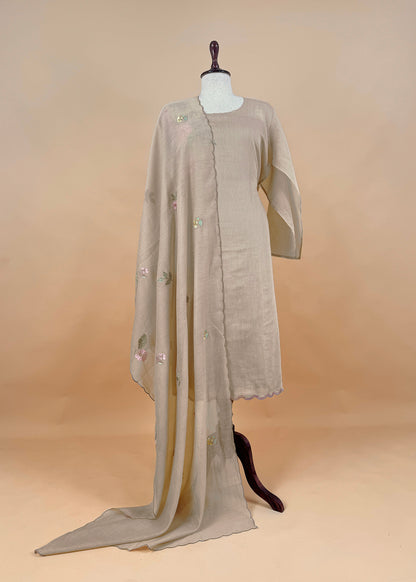 Beige Pure Mulmul Suit Fabric With Floral Appliqué Work