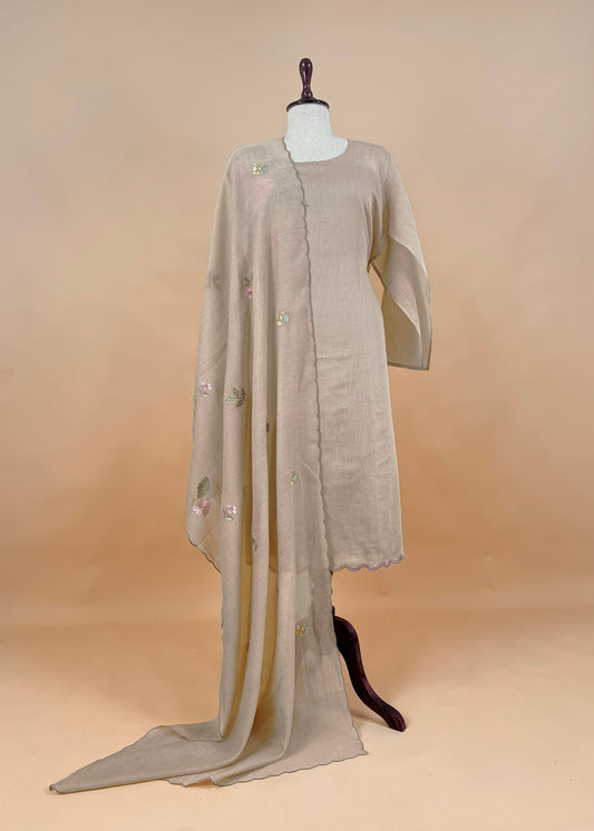 Beige Pure Mulmul Suit Fabric With Floral Appliqué Work