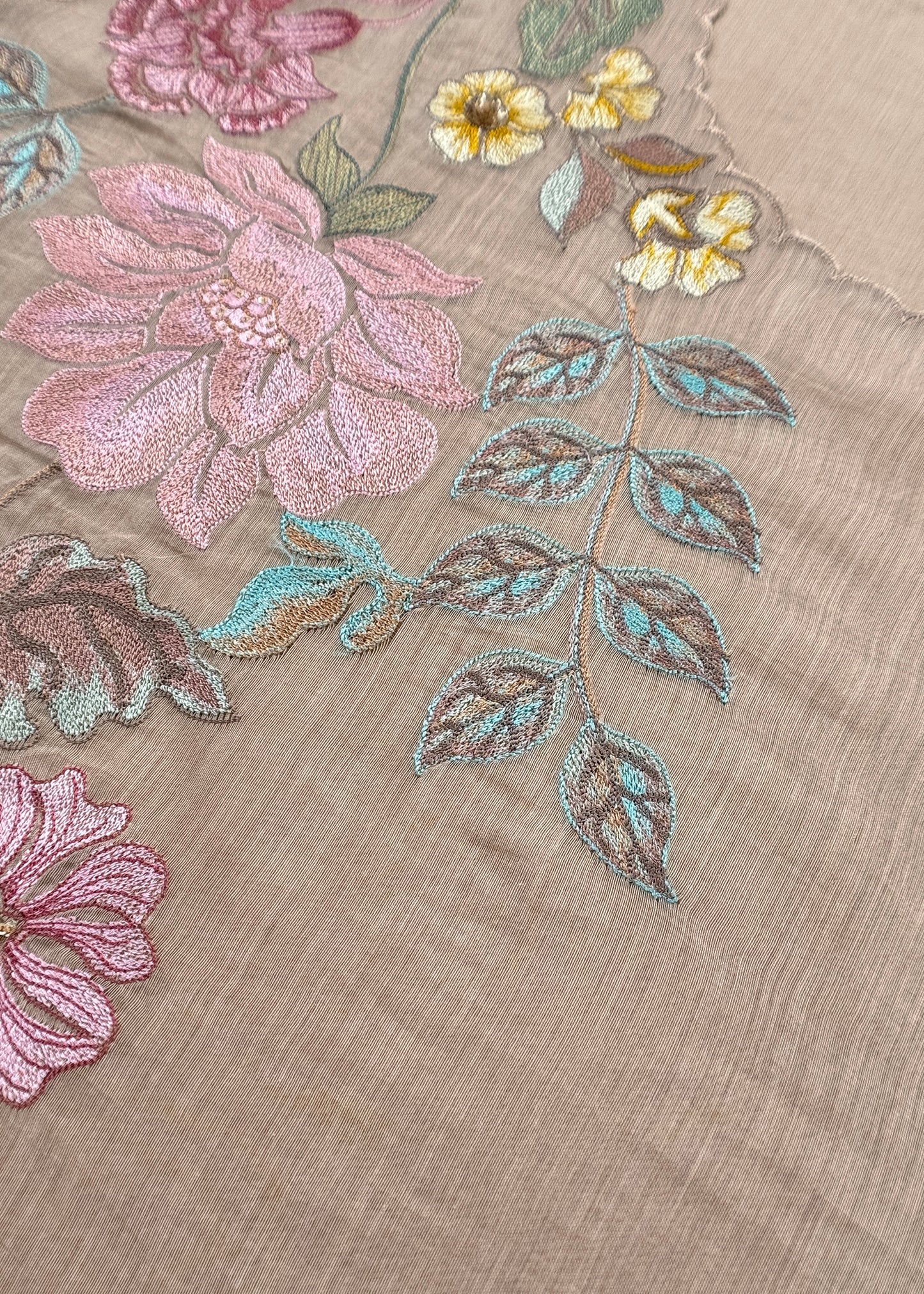 Beige Pure Mulmul Suit Fabric With Floral Appliqué Work
