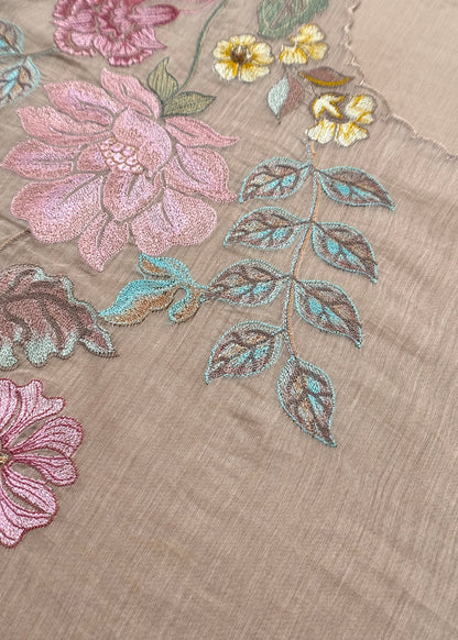 Beige Pure Mulmul Suit Fabric With Floral Appliqué Work