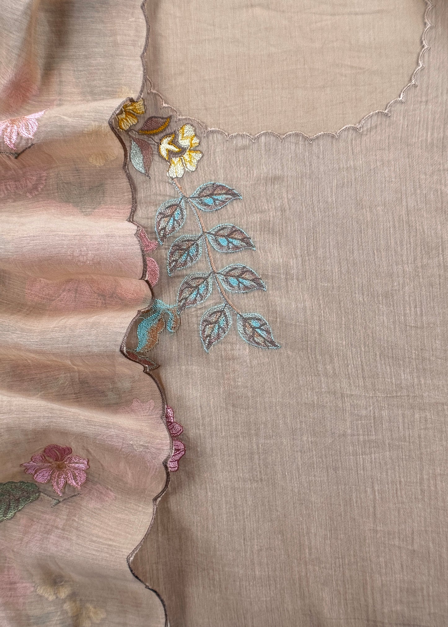 Beige Pure Mulmul Suit Fabric With Floral Appliqué Work