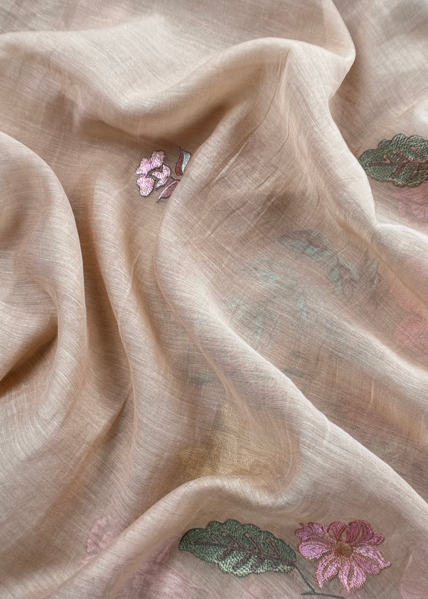 Beige Pure Mulmul Suit Fabric With Floral Appliqué Work