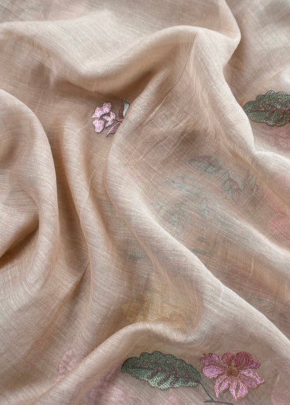 Beige Pure Mulmul Suit Fabric With Floral Appliqué Work