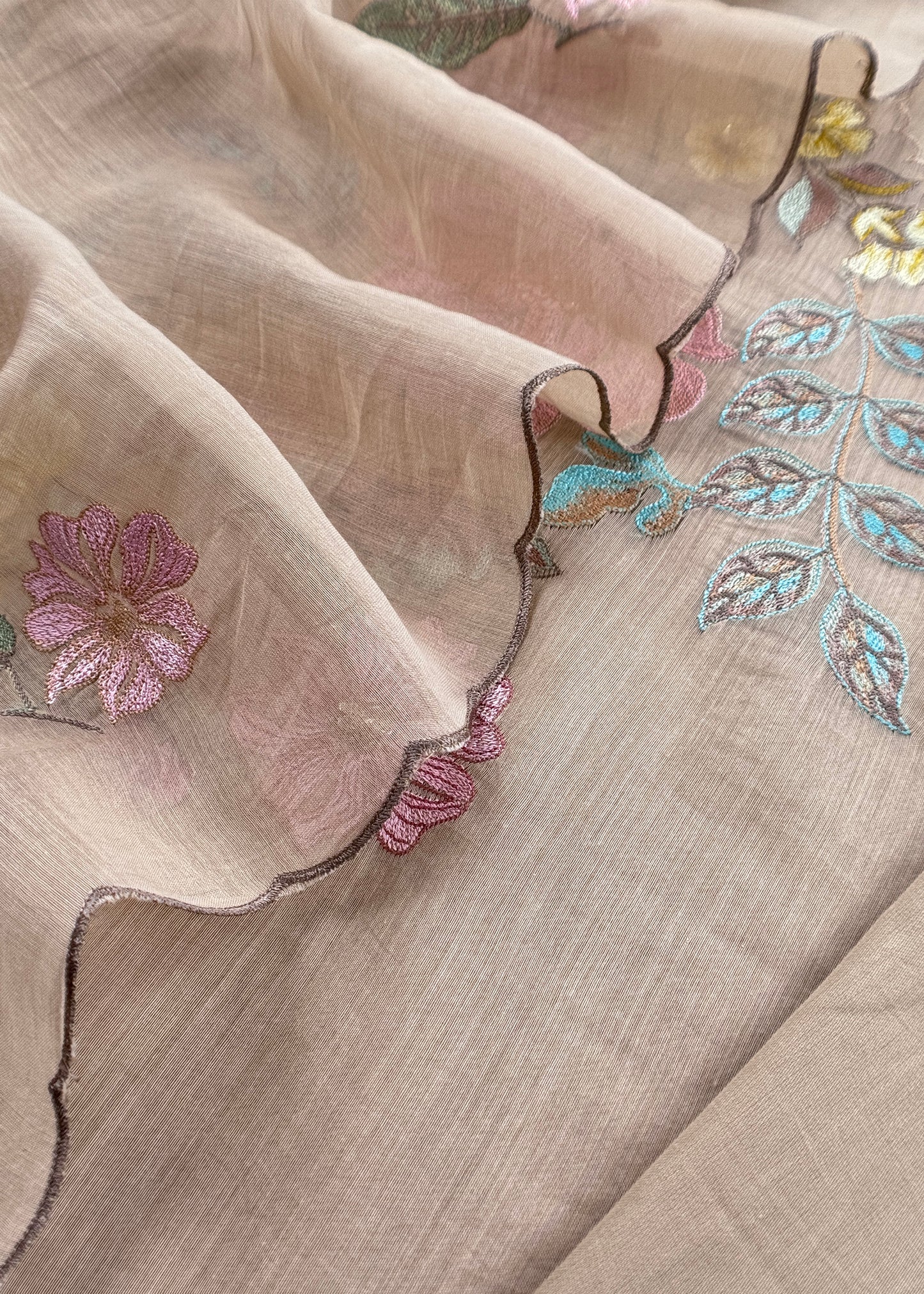 Beige Pure Mulmul Suit Fabric With Floral Appliqué Work