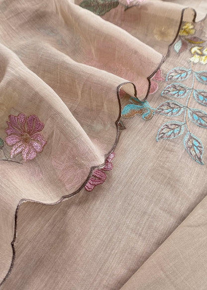 Beige Pure Mulmul Suit Fabric With Floral Appliqué Work